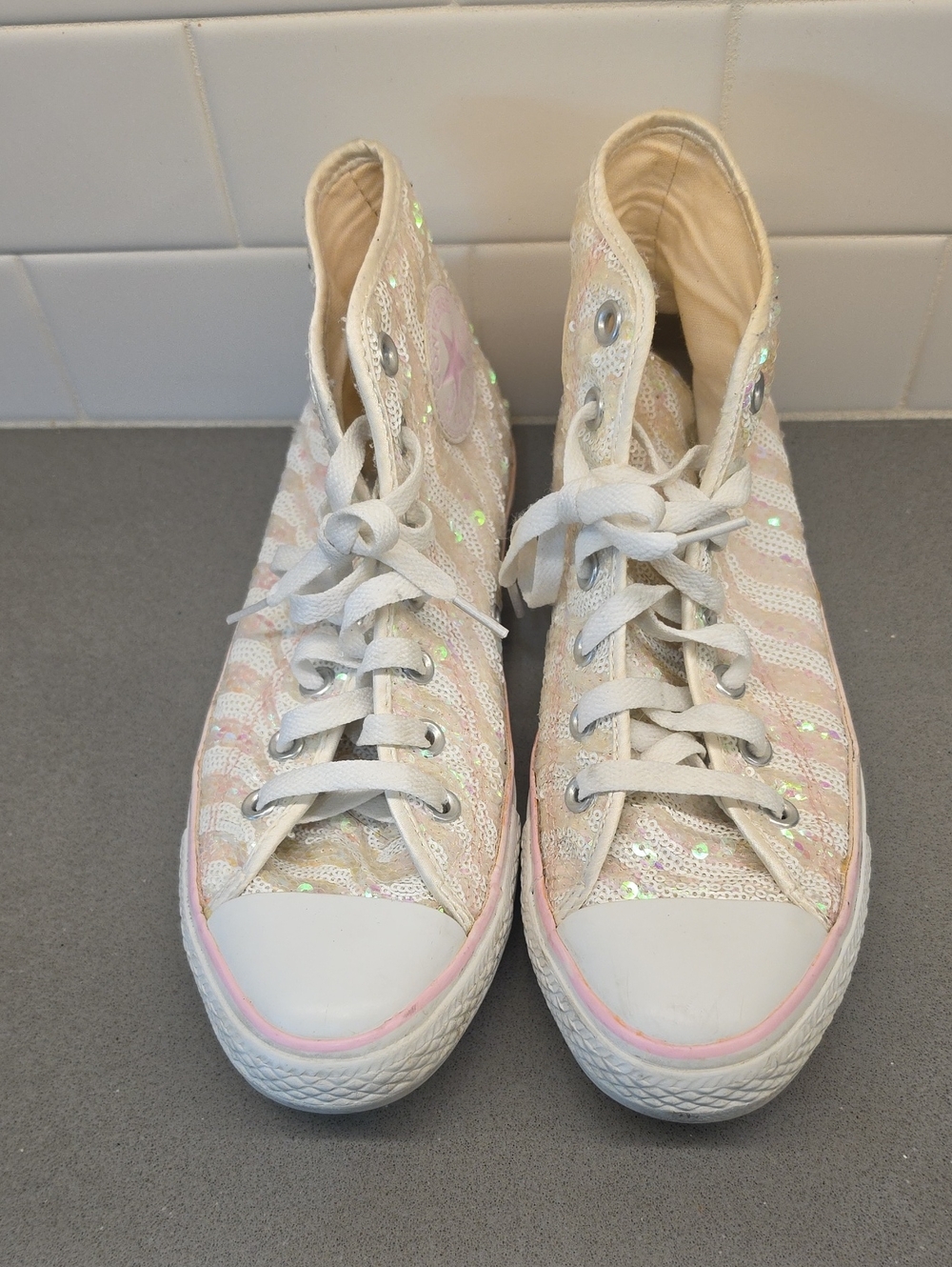 Rare! Converse Sequin High-Top in Iridescent Pink and Cream Zebra Strippes